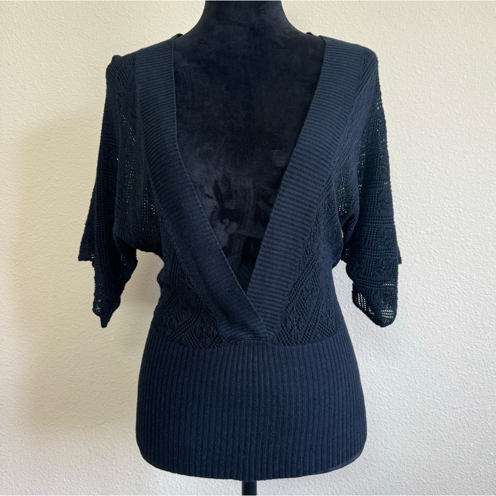 Old Navy top women medium short sleeve deep vneck sheer knit sweater Y2K black
